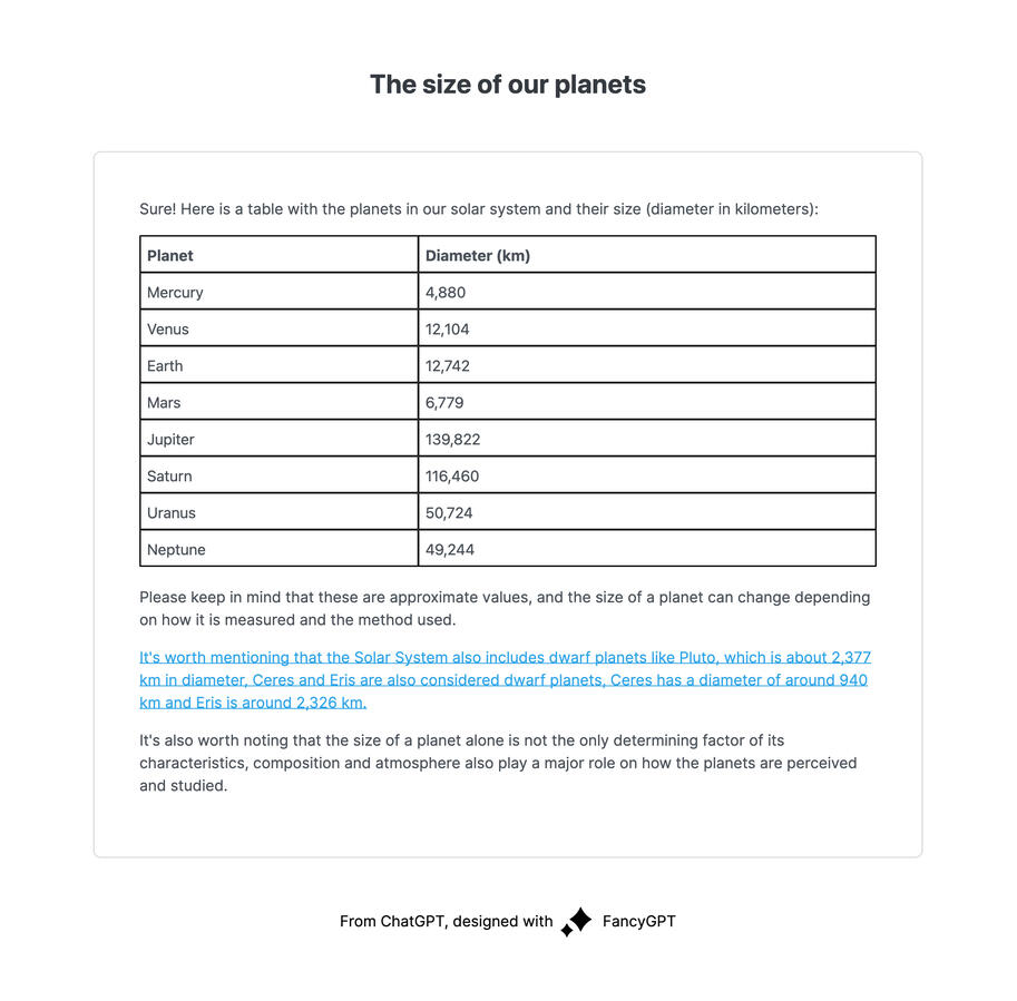 ChatGPT table information